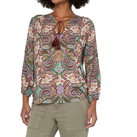 Liverpool Los Angelos Long Sleeve Paisley Boho Top with Tassel Detail Size S - Picture 1 of 10